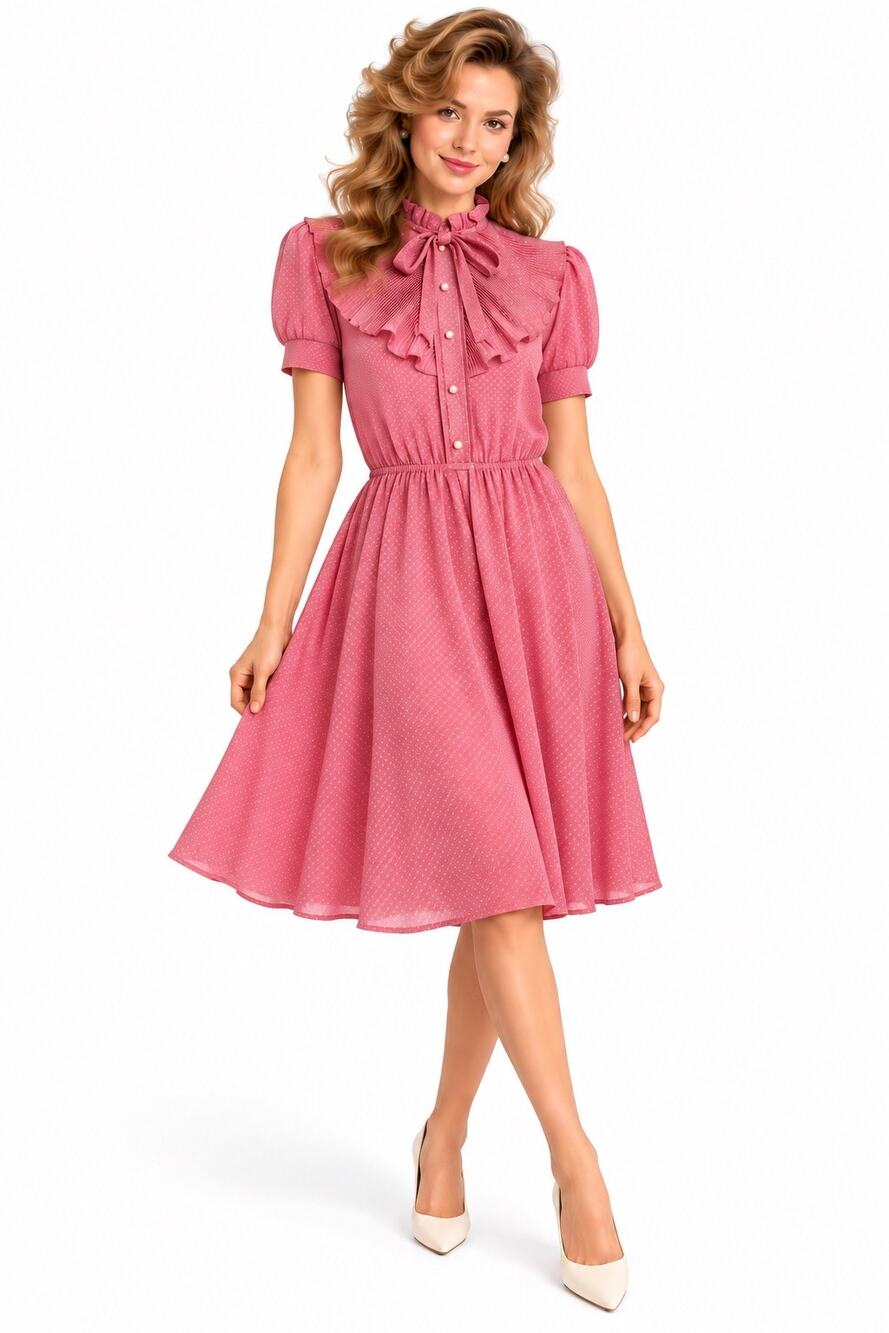 Vintage ‘80s Bubblegum Pink Polka Dot Short Sleeve Elastic Waist Blouson Dress